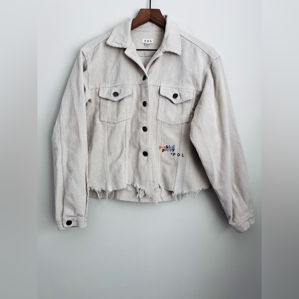 POL freckled poppy Cream corduroy jacket embroidered asymmetric raw hem M